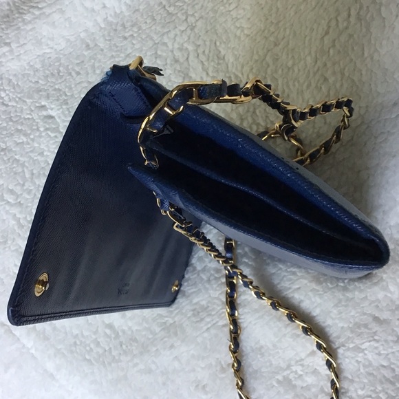 Prada Navy Leather Clutch with Gold Chain - Picture 7 of 10
